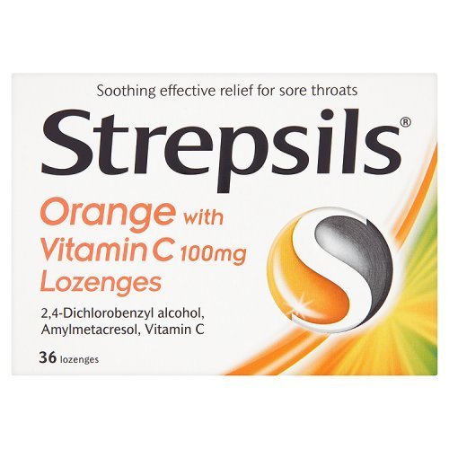 Strepsils Orange with Vitamin C 100mg 36 Lozenges packaging and product image