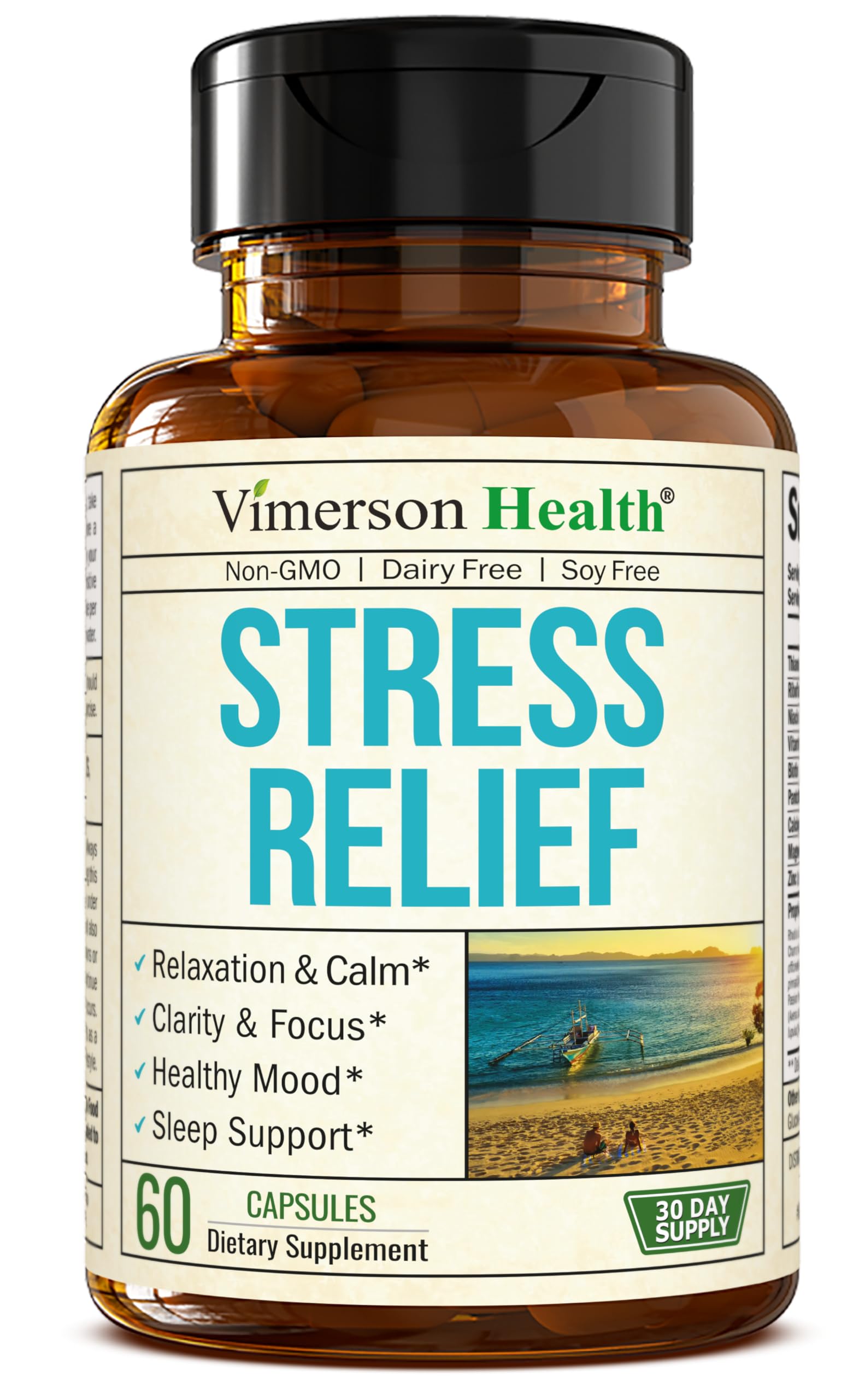 Bottle label for stress relief supplement featuring 60 capsules and key ingredients