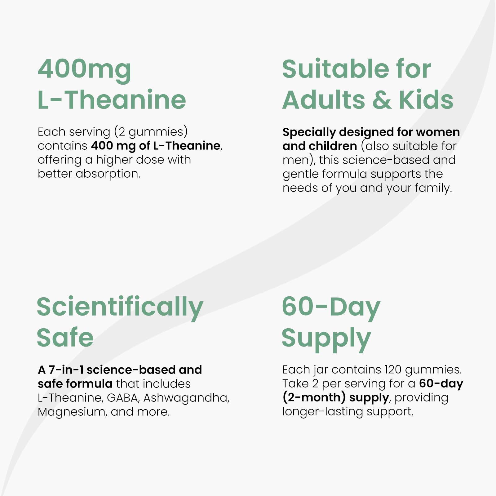 Ingredients including L-Theanine 400mg and GABA for Stress Support Gummies