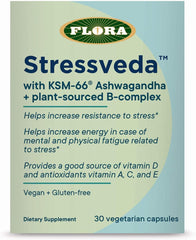 Flora Health Stressveda product hero image showing KSM-66 Ashwagandha and plant-based vitamins