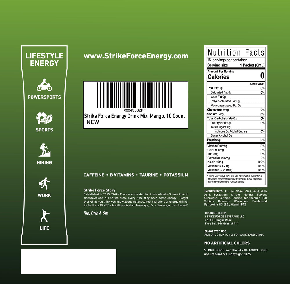 Mango flavored energy drink created with Strike Force in a 16.9 oz bottle