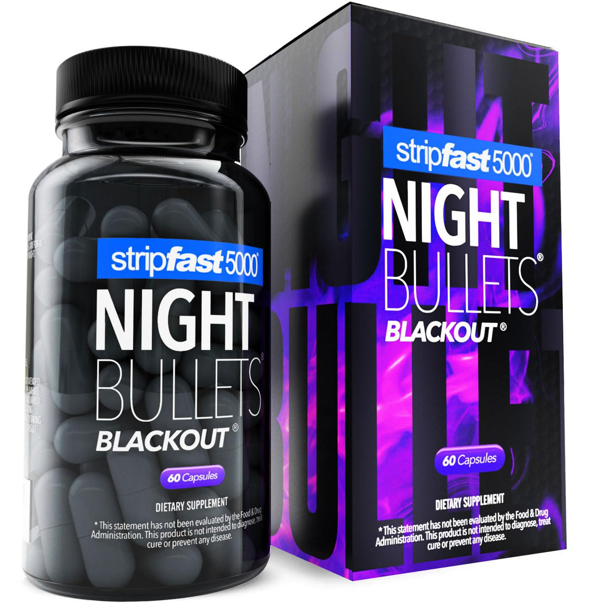 Front view of stripfast5000 Night Bullet Capsules 60-count bottle