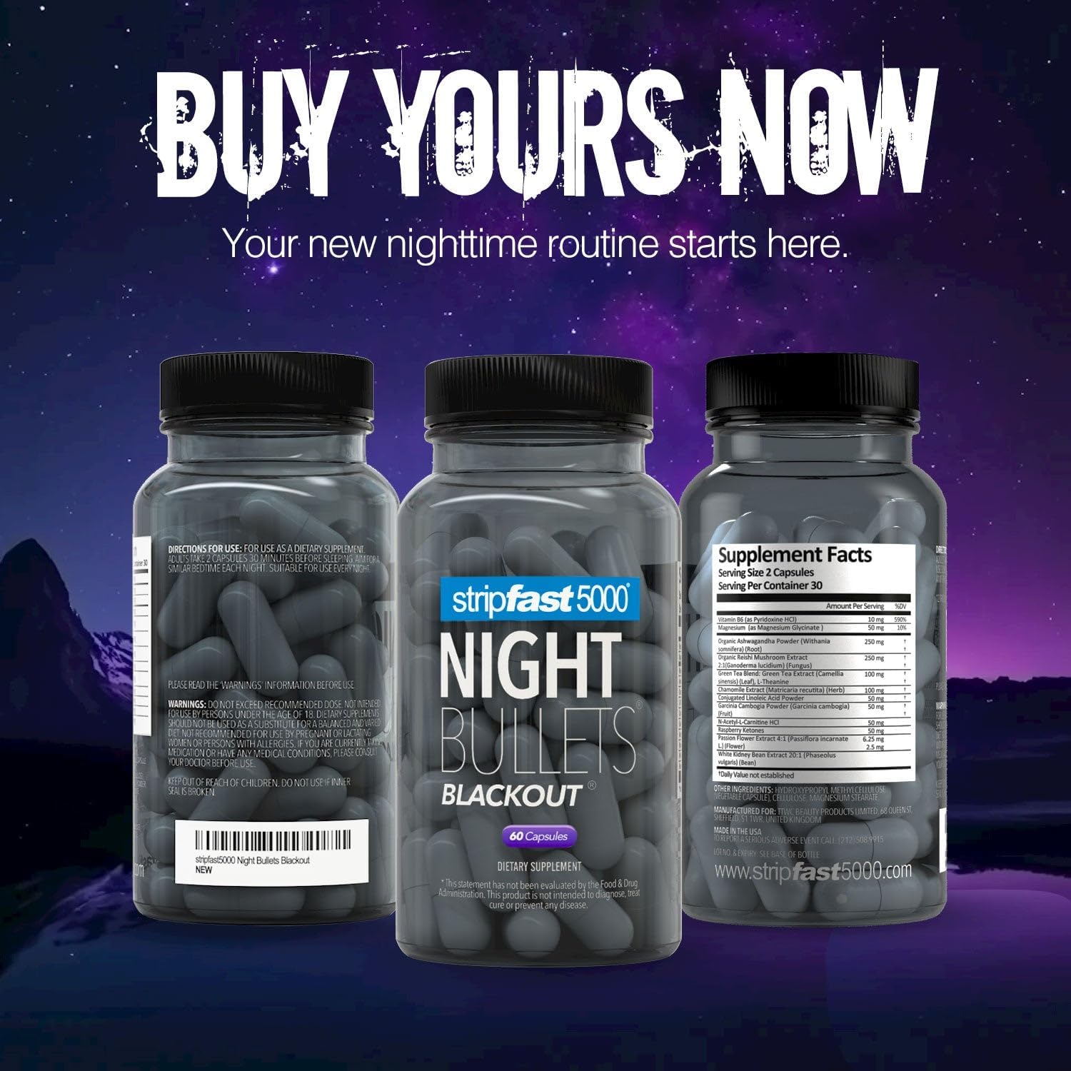 Night Bullet Capsules packaging emphasizing vegan and GMP compliance