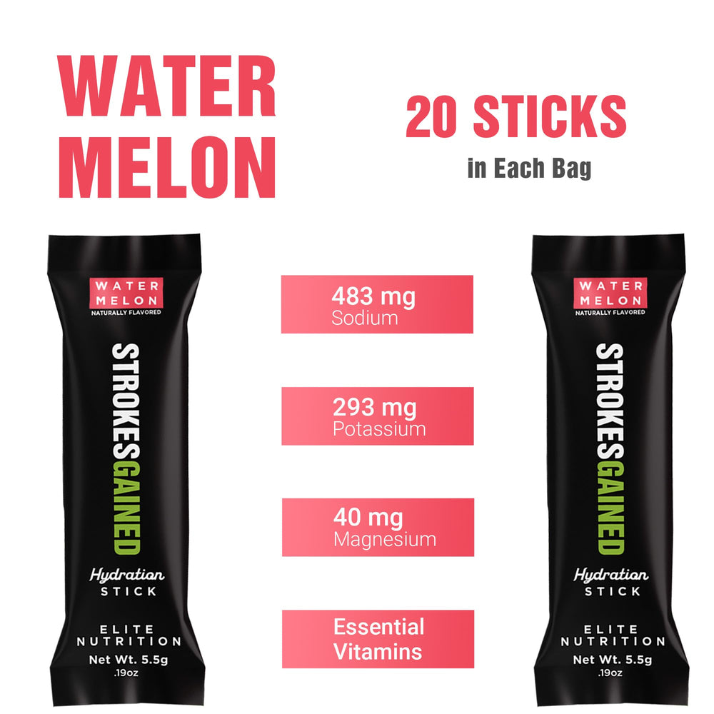 Strokes Gained Hydration golfer bag scene with sugar-free electrolyte sticks.