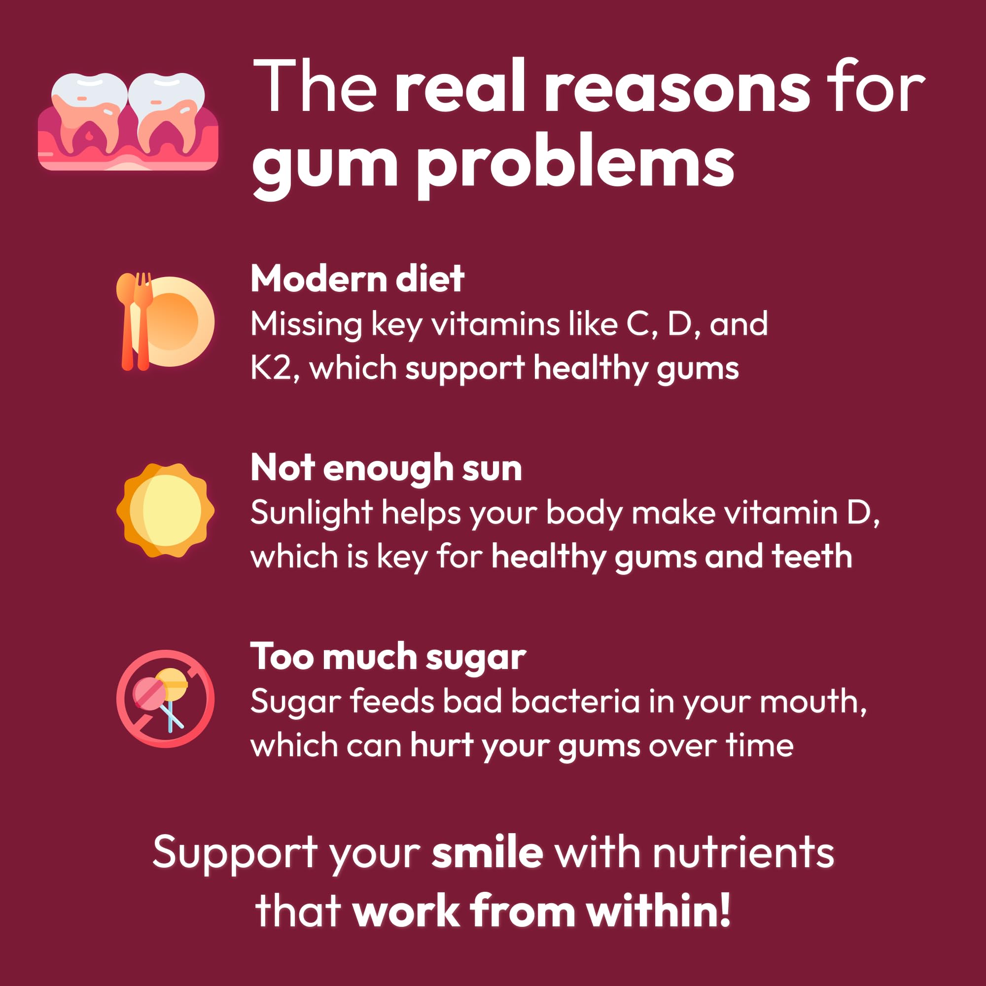 Gum vitamins and teeth vitamins ingredients graphic