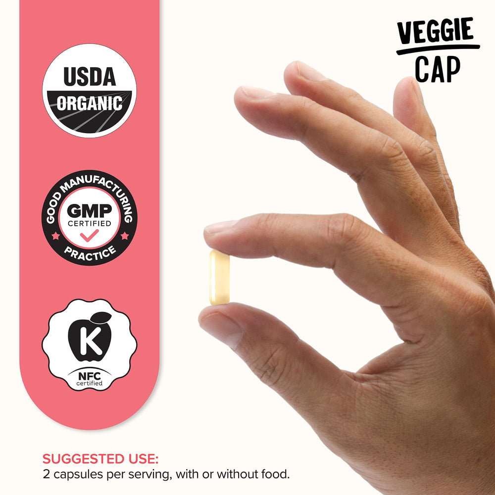 Strong Organics ACV Caps ingredient list shows organic apples and prebiotic gum Arabic.