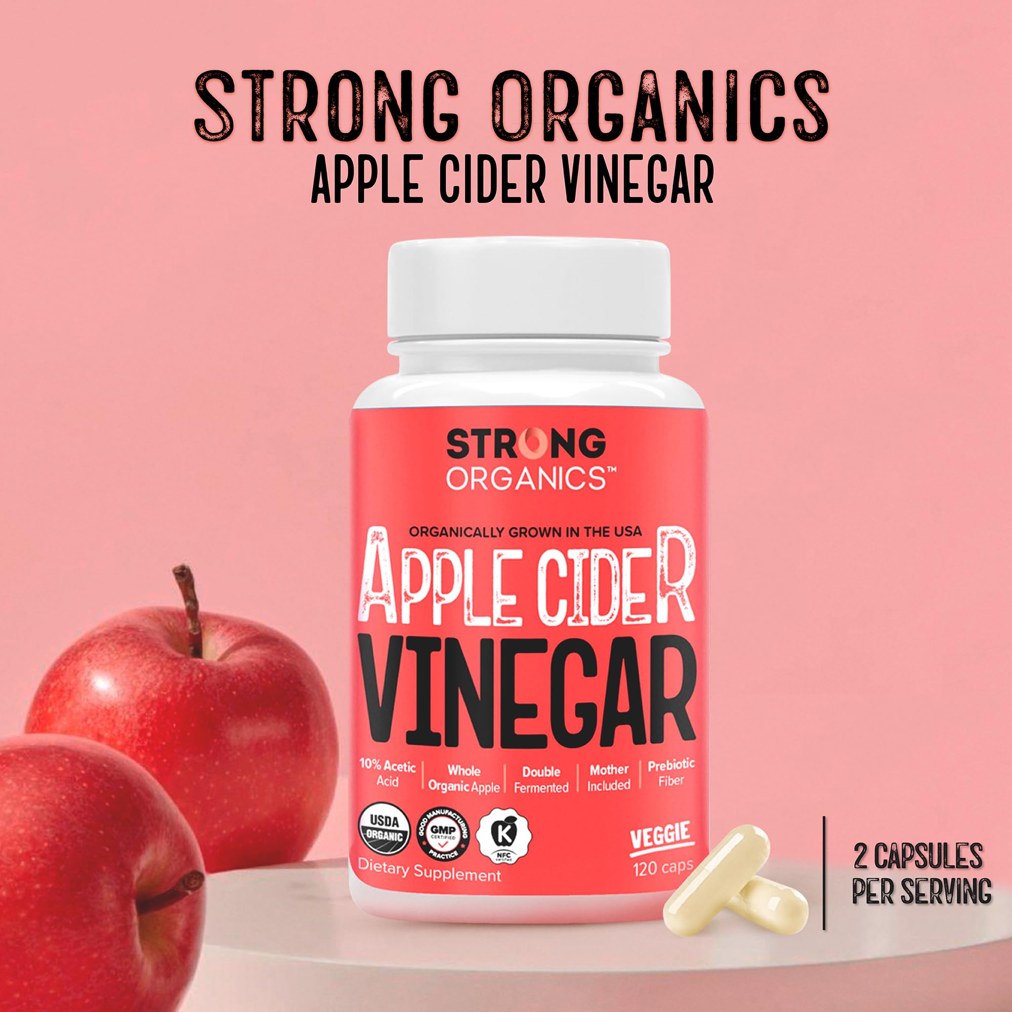 Strong Organics ACV Caps capsules showcase vegan pullulan formula for daily wellness.