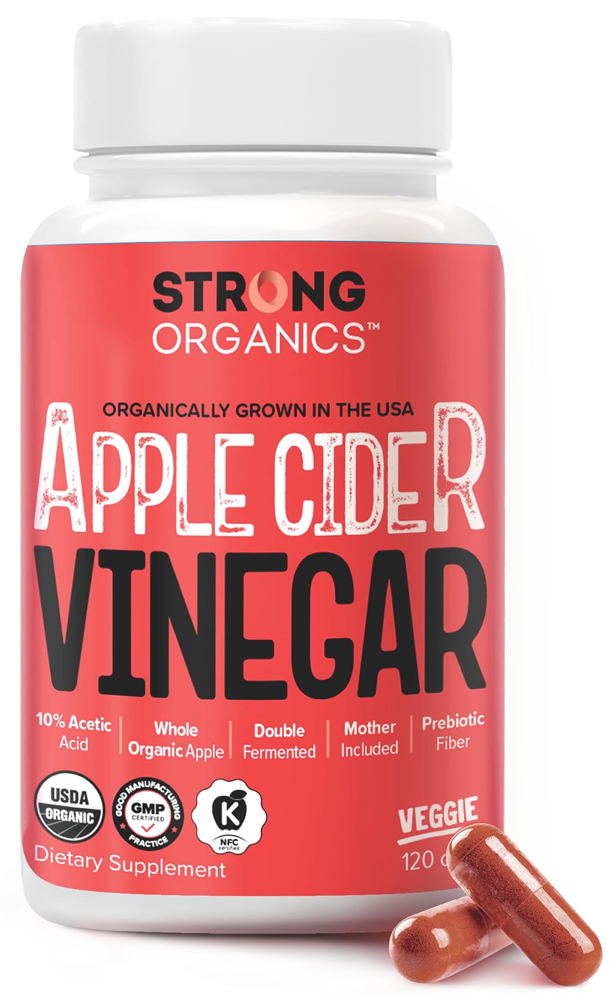 Bottle of Strong Organics Apple Cider Vinegar Capsules with The Mother