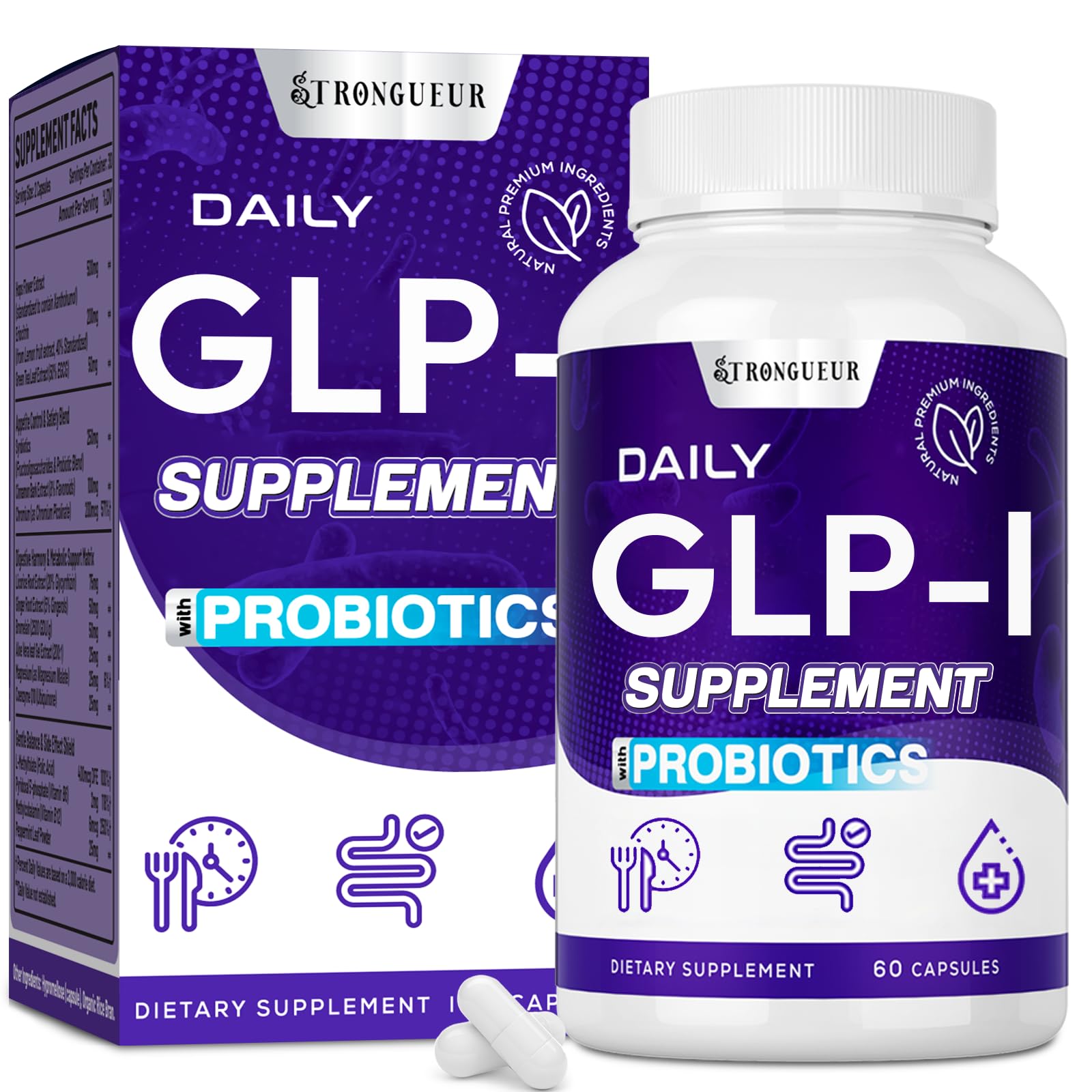 Strongueur GLP-l bottle on a shelf for everyday digestive support and routines