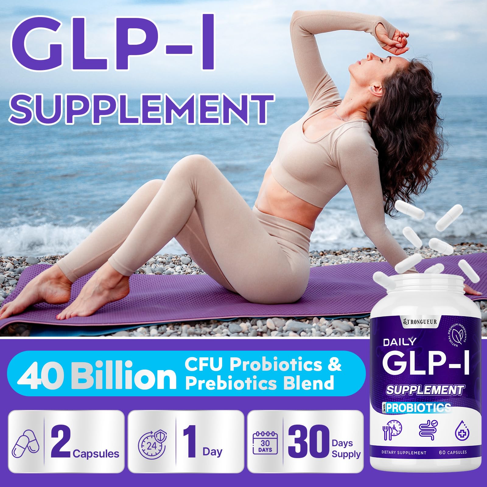 Strongueur GLP-l bottle beside a healthy breakfast setup