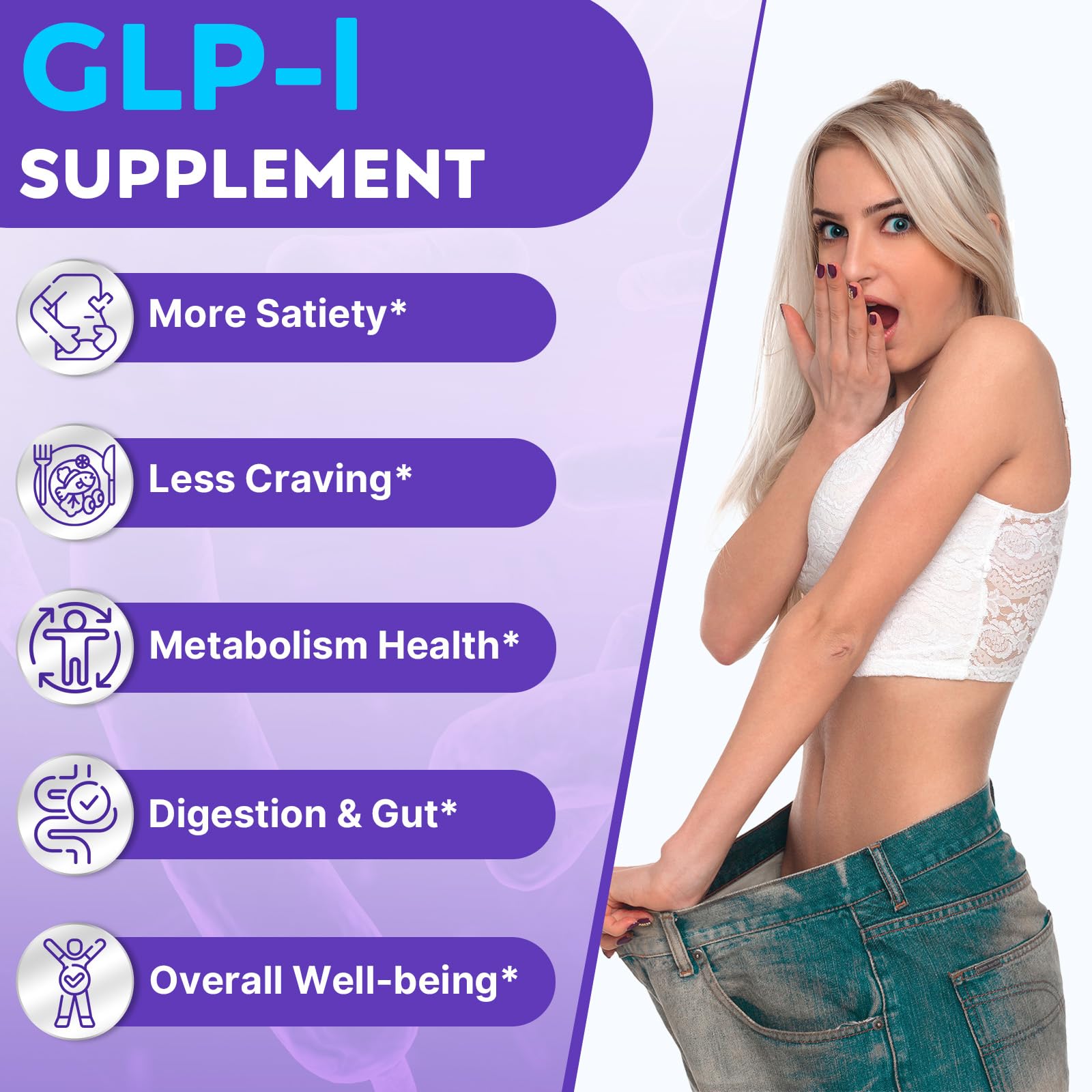 Strongueur GLP-l label close-up highlights natural ingredients and probiotic blend