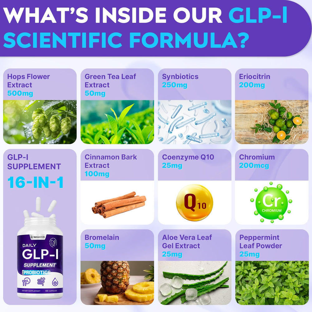 Strongueur GLP-l probiotic blend with Akkermansia symbol and hops illustration