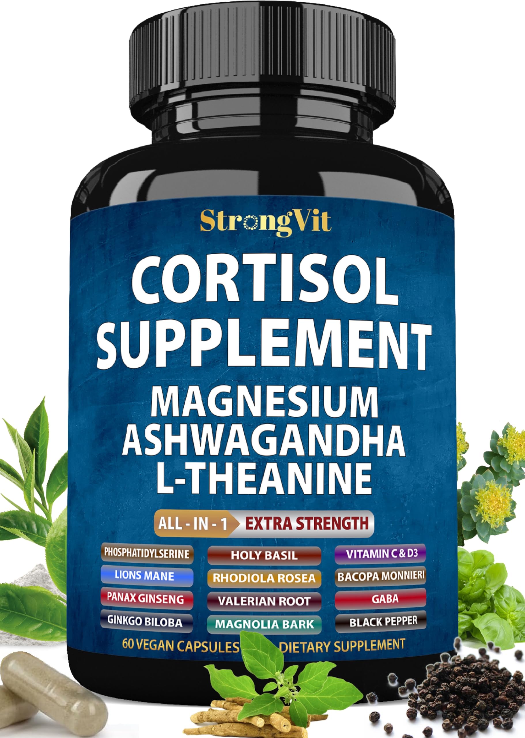 StrongVit cortisol supplement bottle on white background