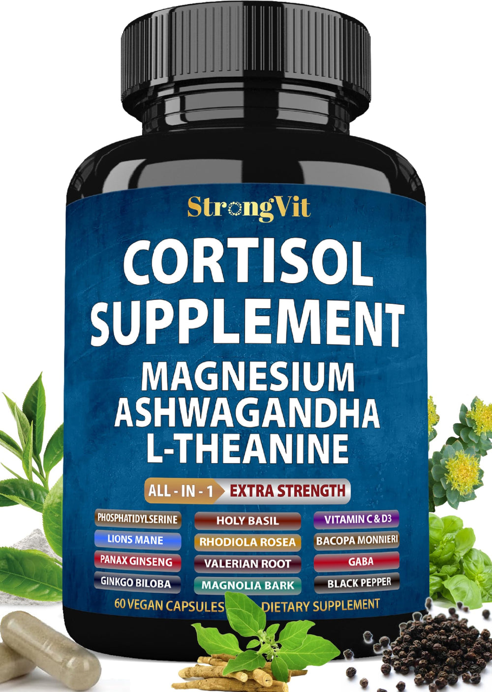 StrongVit cortisol supplement bottle on white background