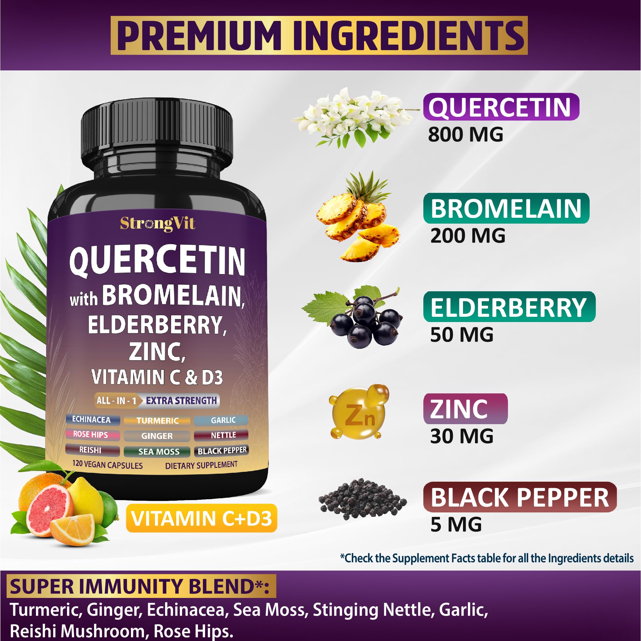Close-up of StrongVit Quercetin Bromelain label with ingredients