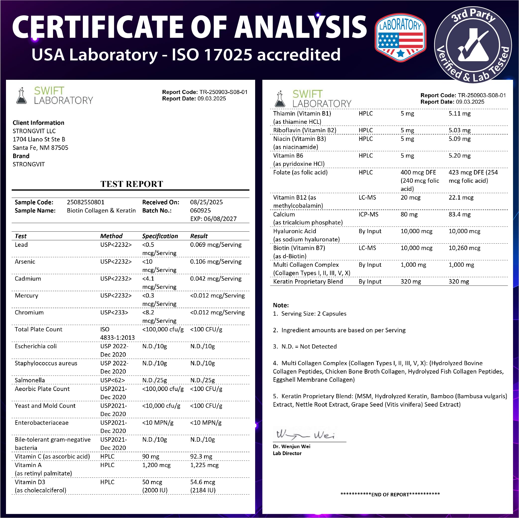 StrongVit bottle labeled third-party lab tested in the USA