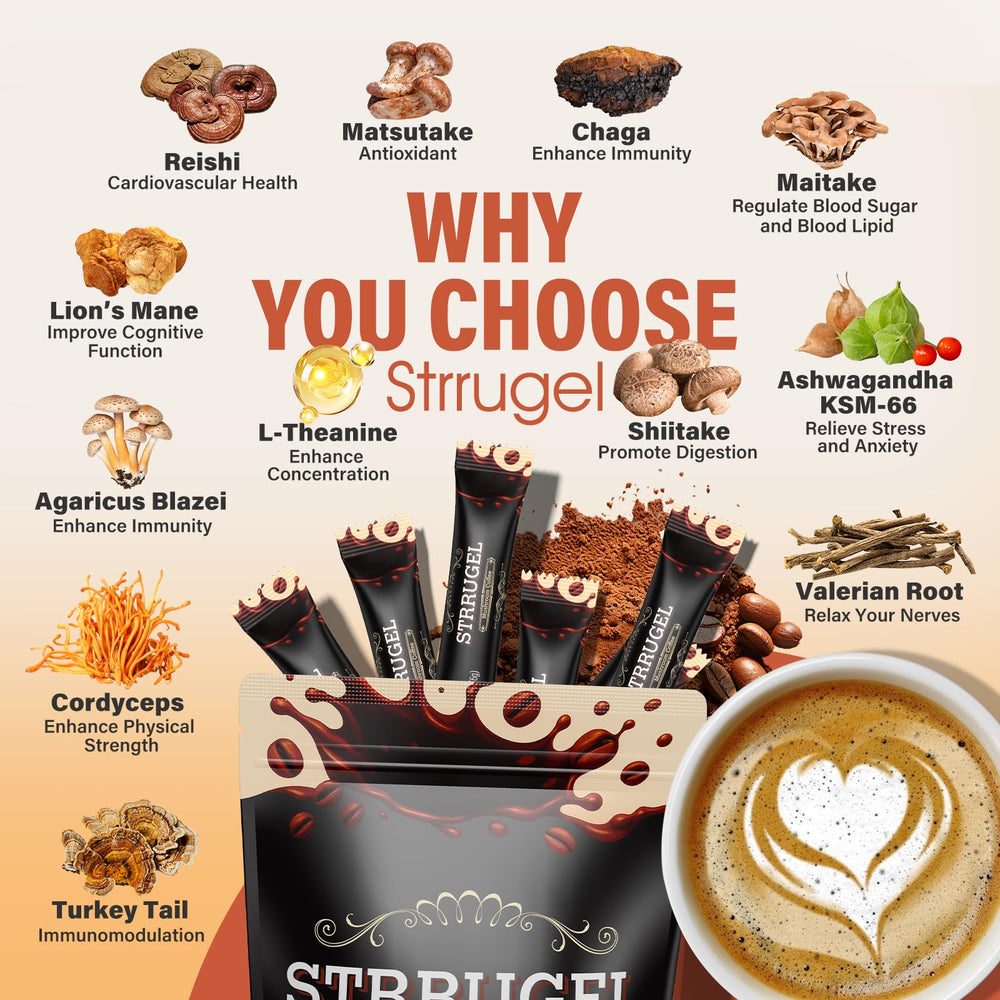 Close-up highlighting 80% lower caffeine in Strrugel coffee