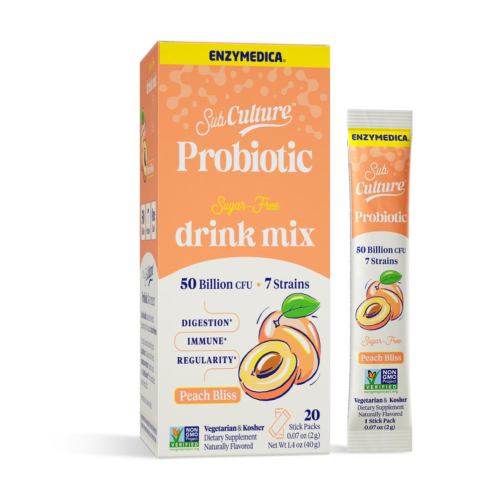 SubCulture Peach Bliss probiotic powder stick pack – front view