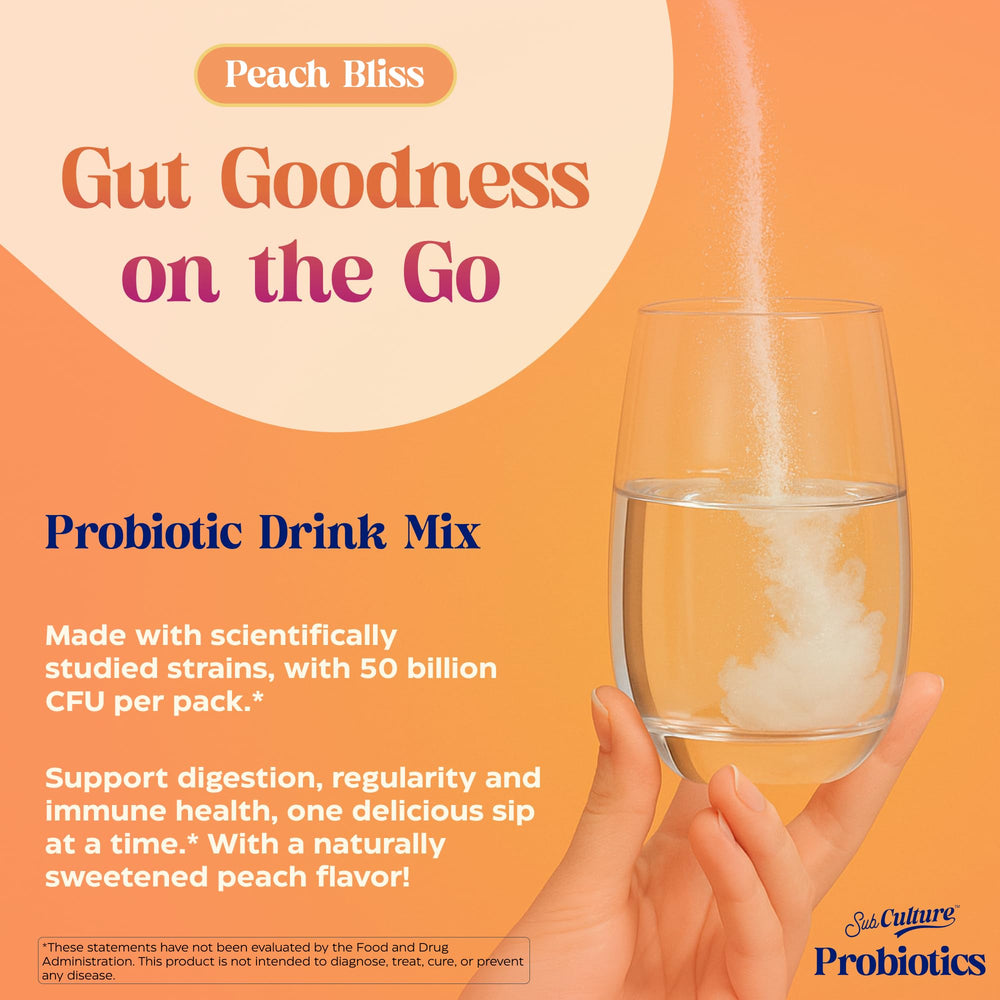 SubCulture Peach Bliss probiotic stick pack – back panel