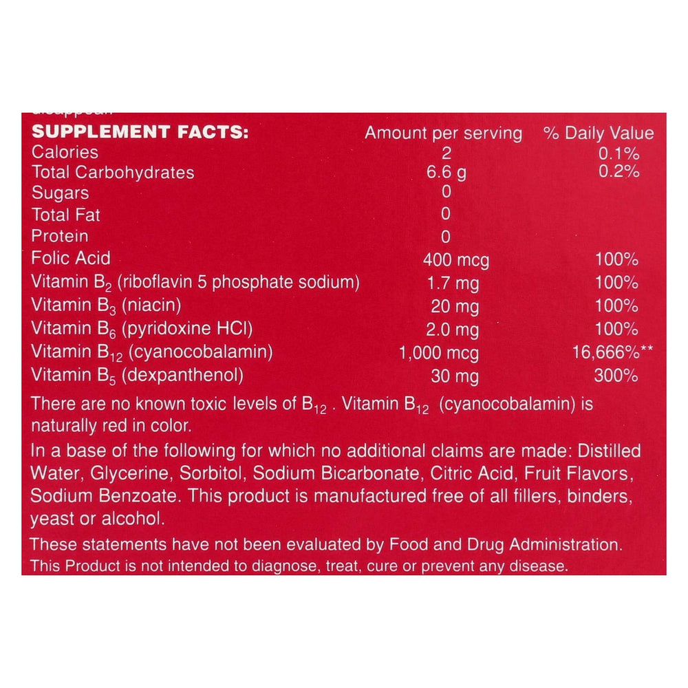 Close-up of Sublingual B-Total Vitamin B12 liquid dropper bottle (berry flavor)
