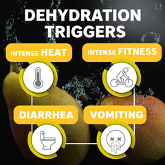 Close-up of mango-flavored Suero Oral Electrolyte Solution bottle
