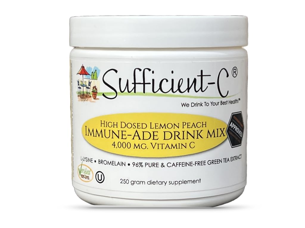 Front view of Sufficient-C 4000 mg Vitamin C Lemon Peach Immune-Ade Drink Mix packaging
