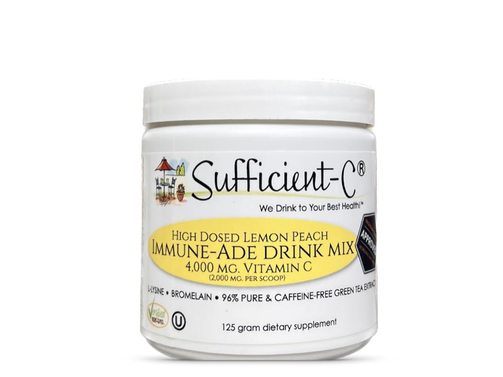 Canister label of Sufficient-C High Dose Vitamin C Drink Mix (Lemon Peach flavor)