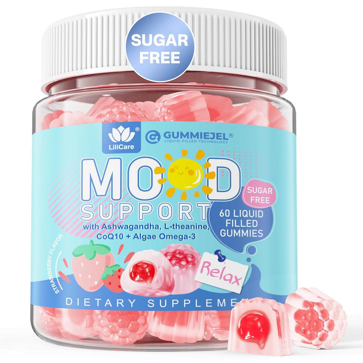 Bottle of Sugar Free Ashwagandha Calm Gummies with L-Theanine and Vitamin D3, strawberry flavor