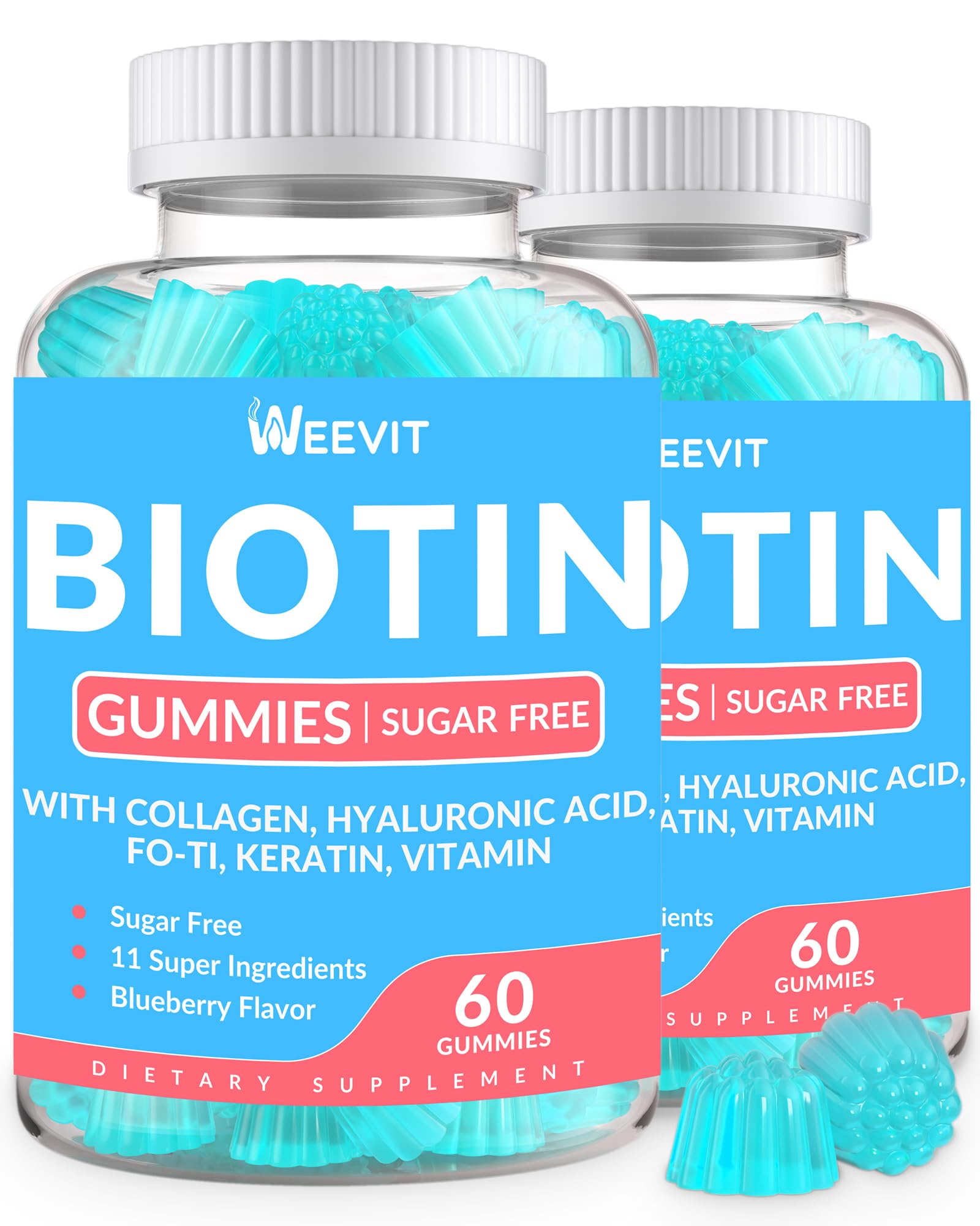 Sugar-Free Biotin Gummies bottle label featuring Collagen, Keratin and Hyaluronic Acid