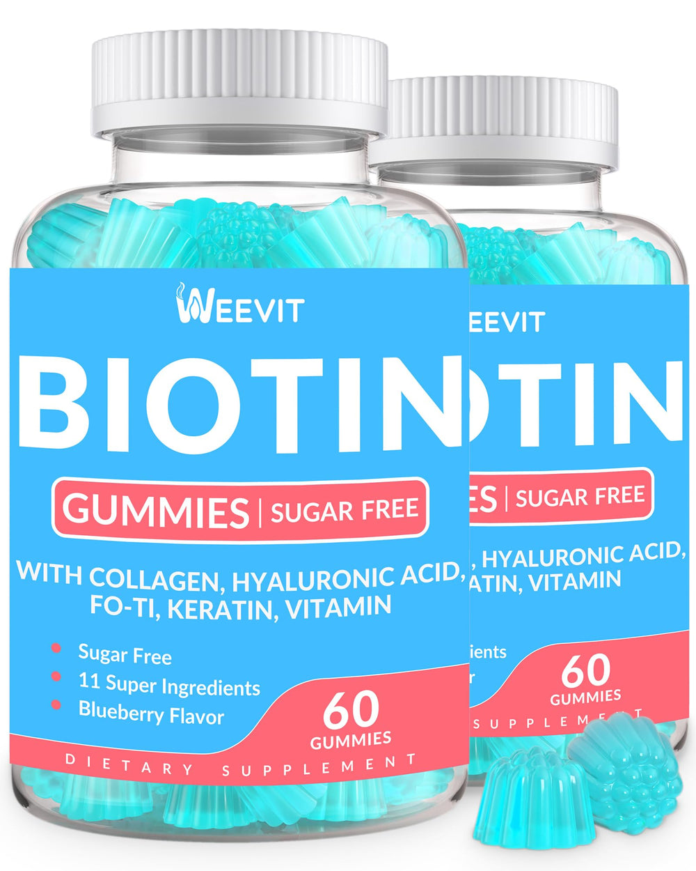 Sugar-Free Biotin Gummies bottle label featuring Collagen, Keratin and Hyaluronic Acid