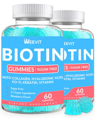 Sugar-Free Biotin Gummies bottle label featuring Collagen, Keratin and Hyaluronic Acid