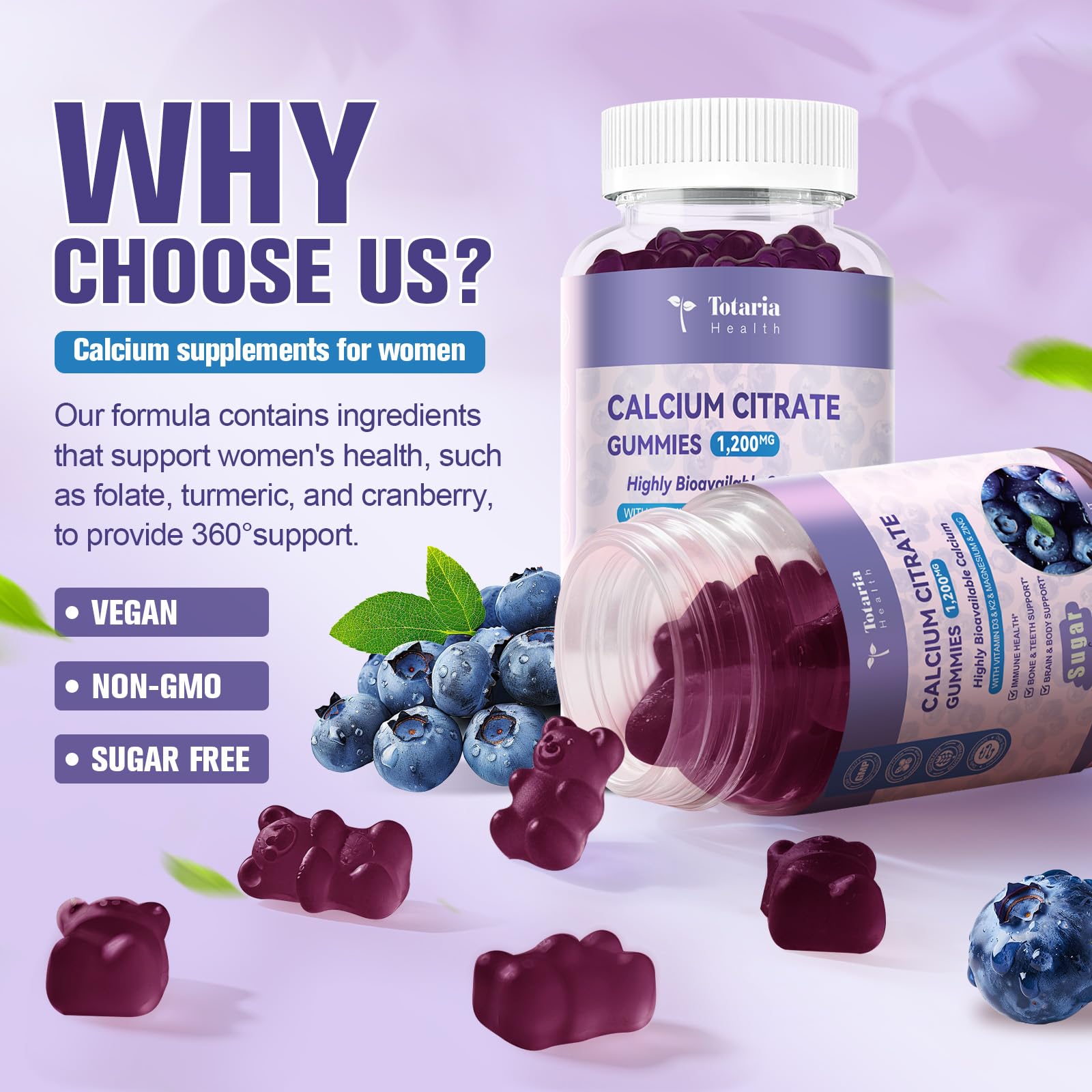 Sugar-free blueberry calcium citrate gummies in a 120-count package