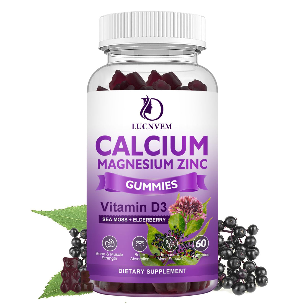 Sugar-free calcium magnesium zinc gummies bottle with elderberry and sea moss