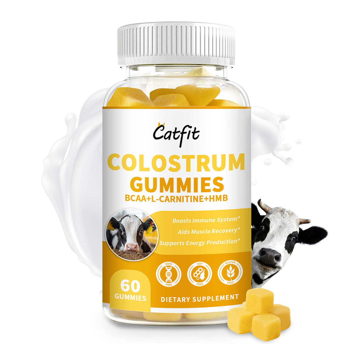 Orange-flavored sugar-free colostrum gummy bottle label