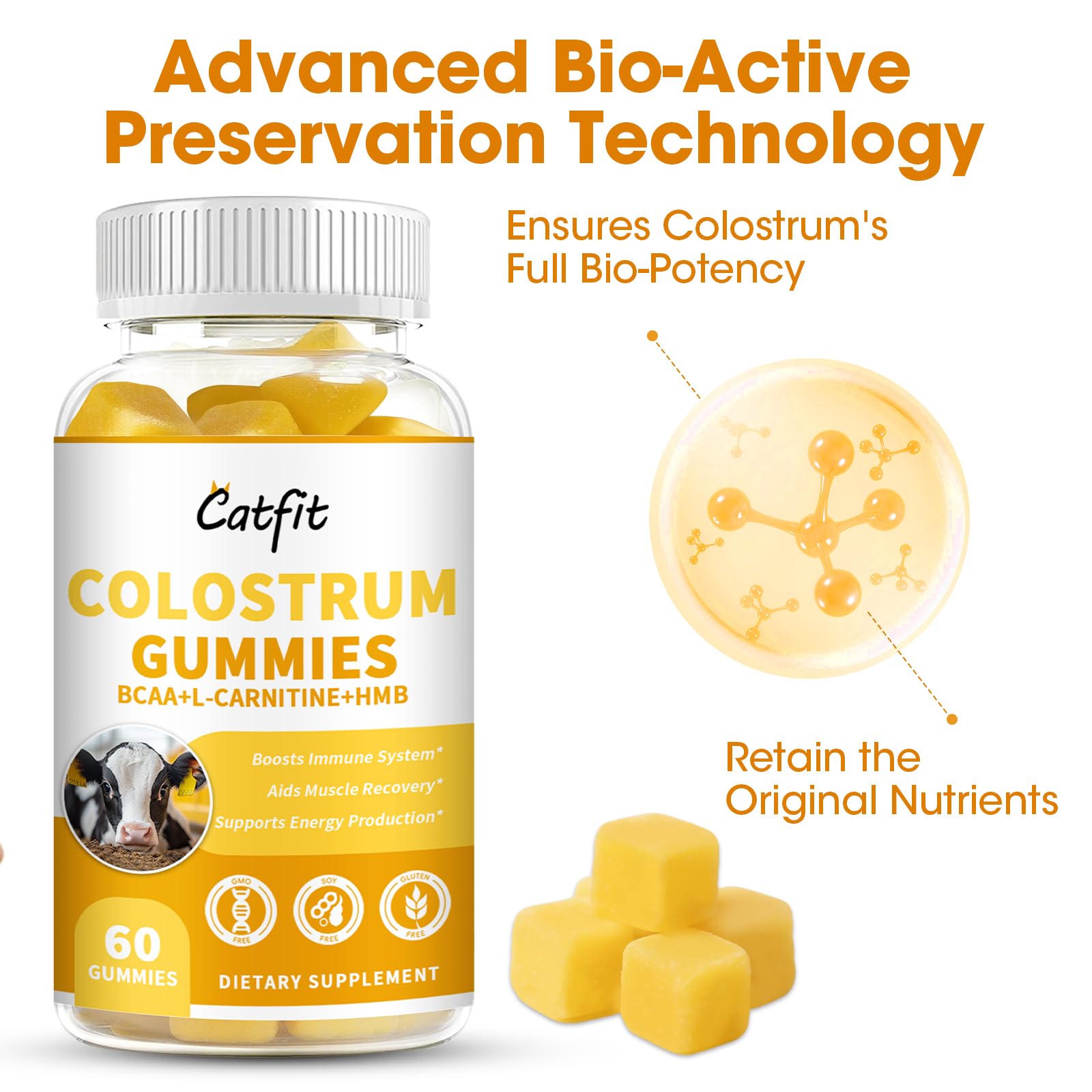 Gummies spilled from a bottle onto a white surface