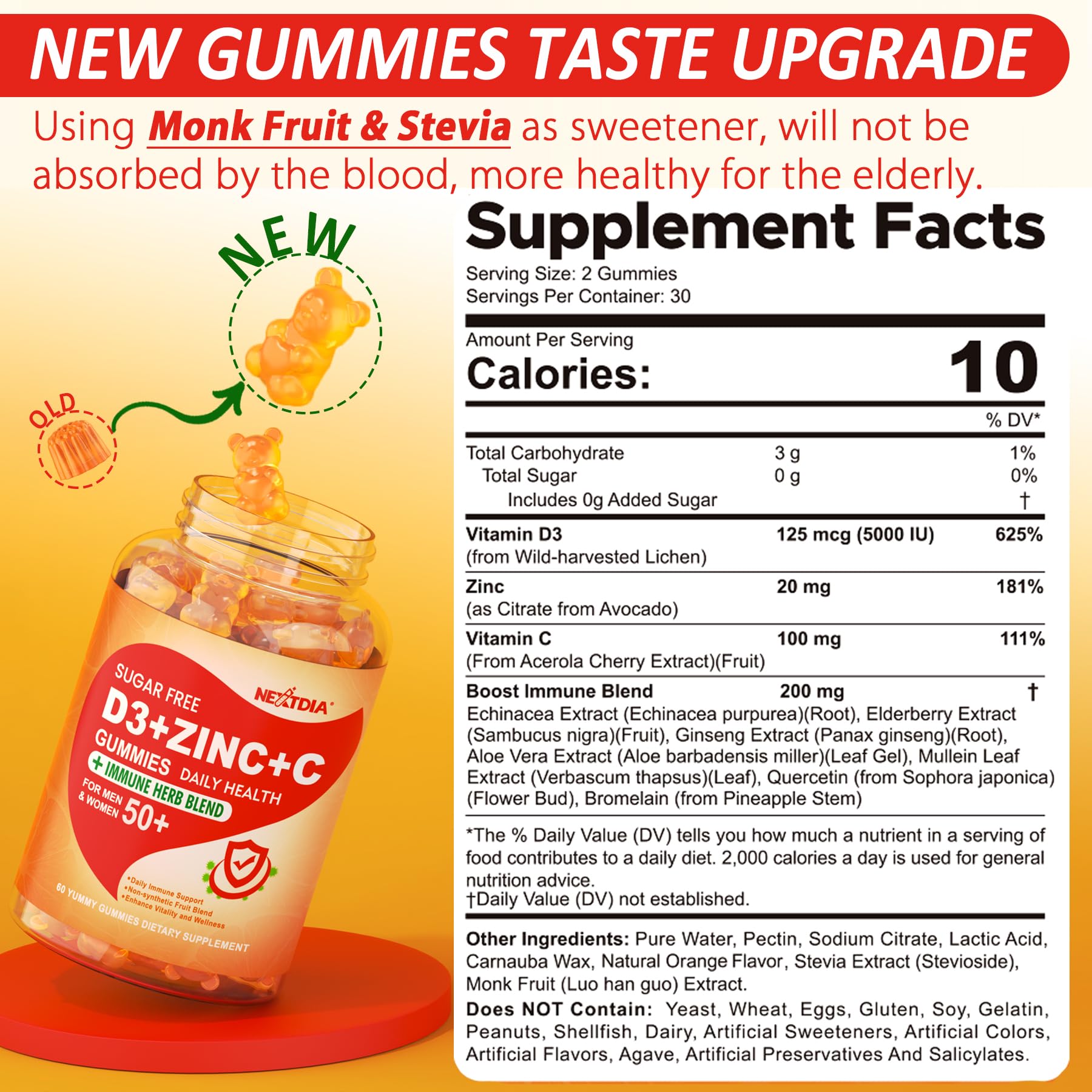 Sugar Free Vitamin C D3 Zinc Gummies for Adults 50+ pack 2 back/nutrition panel