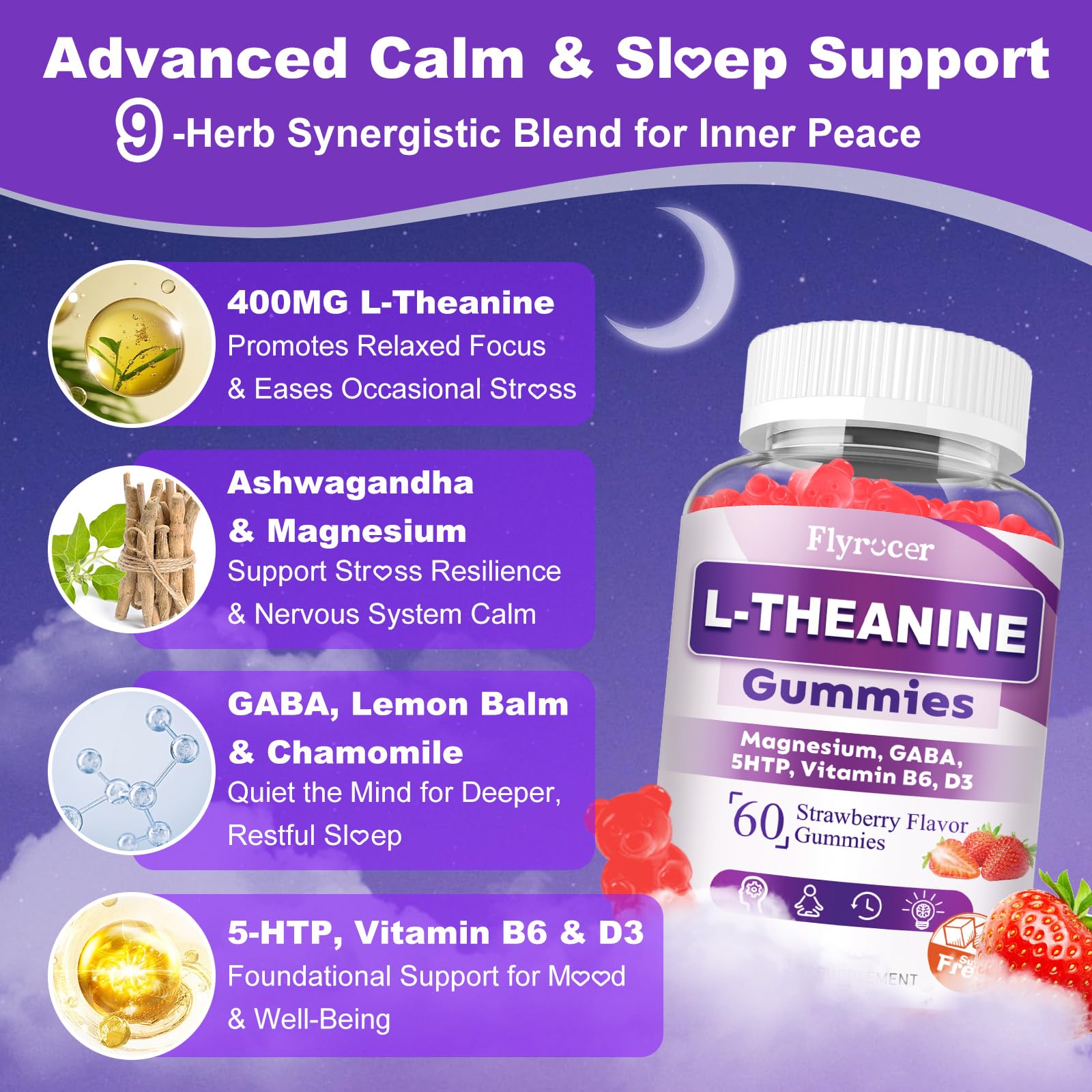 Ingredients panel showing L-Theanine, GABA, Ashwagandha