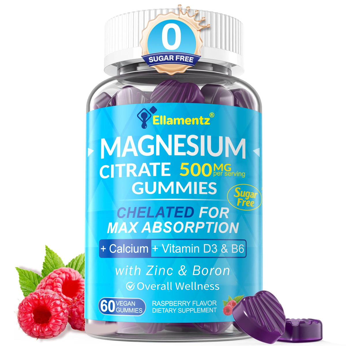 Bottle of sugar free magnesium citrate gummies with 500mg per gummy