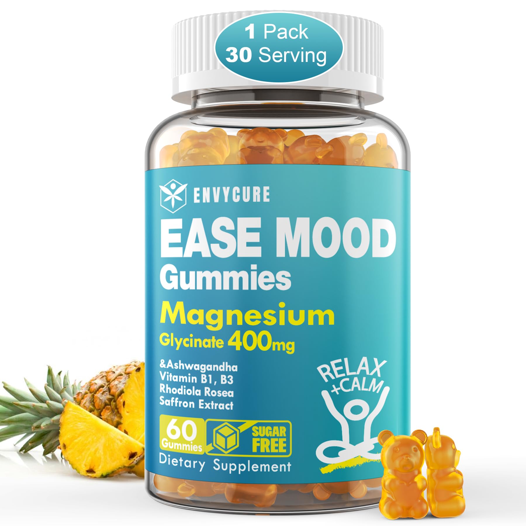 Sugar-free magnesium glycinate gummies bottle with Ashwagandha and saffron