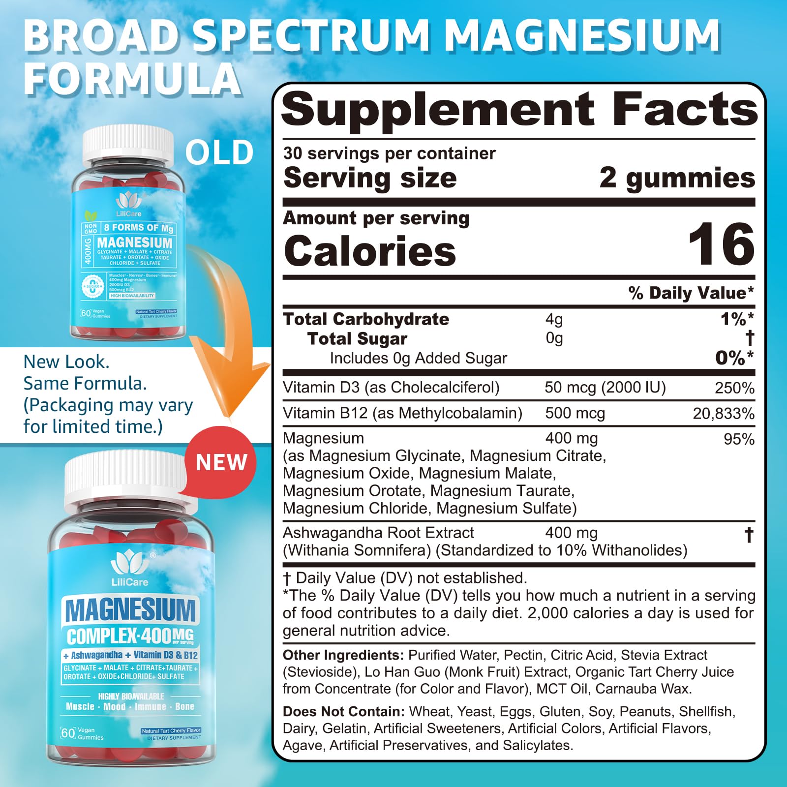 Gummy bottle showing 400mg magnesium and 8 forms for women