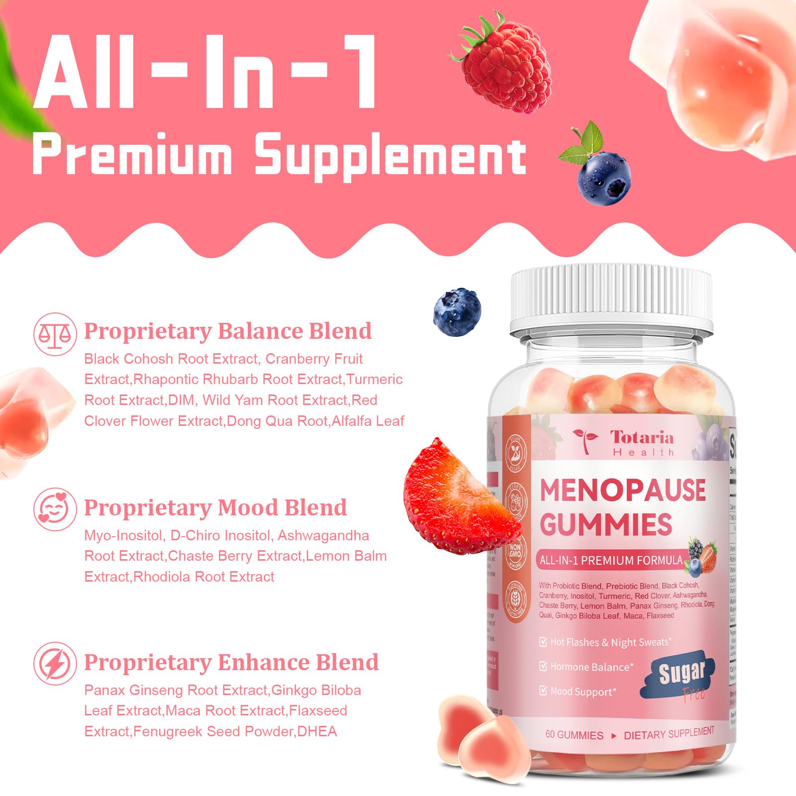 Ingredients blend including black cohosh, cranberry, DIM and prebiotics