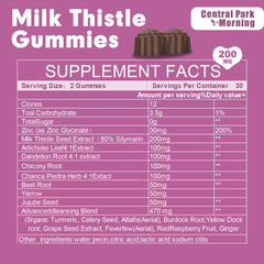 Close-up of sugar-free milk thistle gummies spilling from bottle