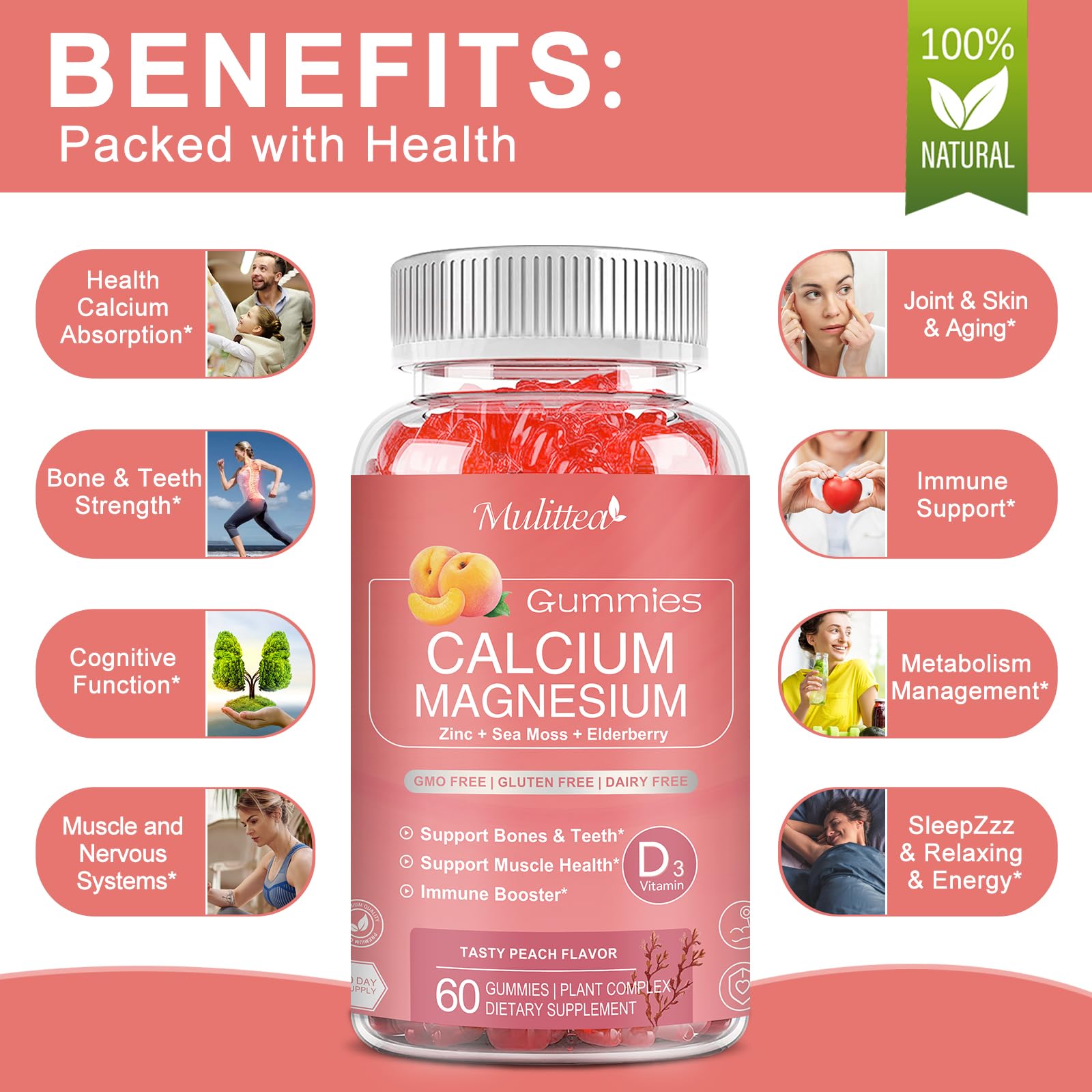 Sugar-free peach-flavored calcium gummies close-up