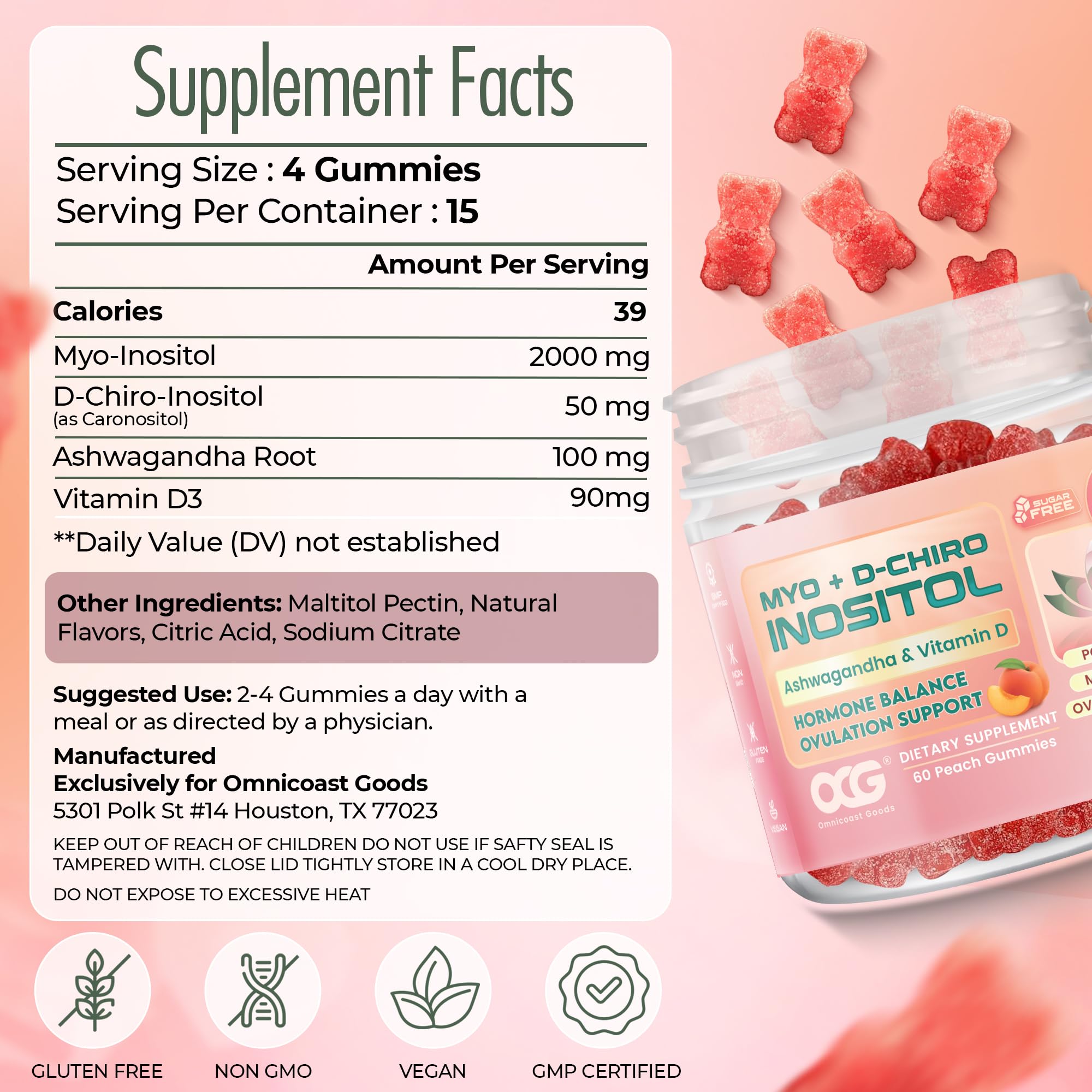 Sugar-free peach flavor gummies product shot