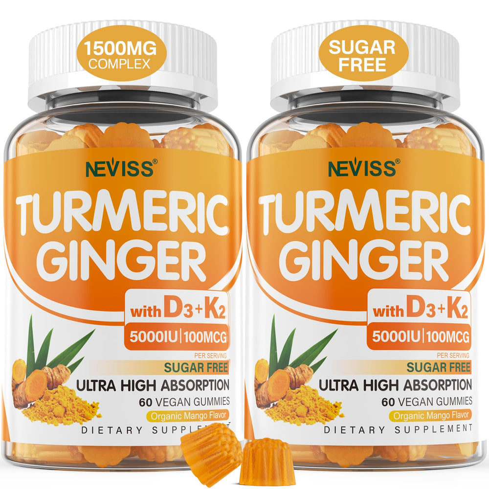 Sugar Free Turmeric Ginger Gummies bottle with 5000 IU Vitamin D3 and 100 mcg Vitamin K2