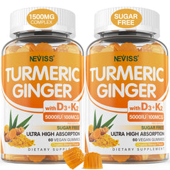 Sugar Free Turmeric Ginger Gummies bottle with 5000 IU Vitamin D3 and 100 mcg Vitamin K2
