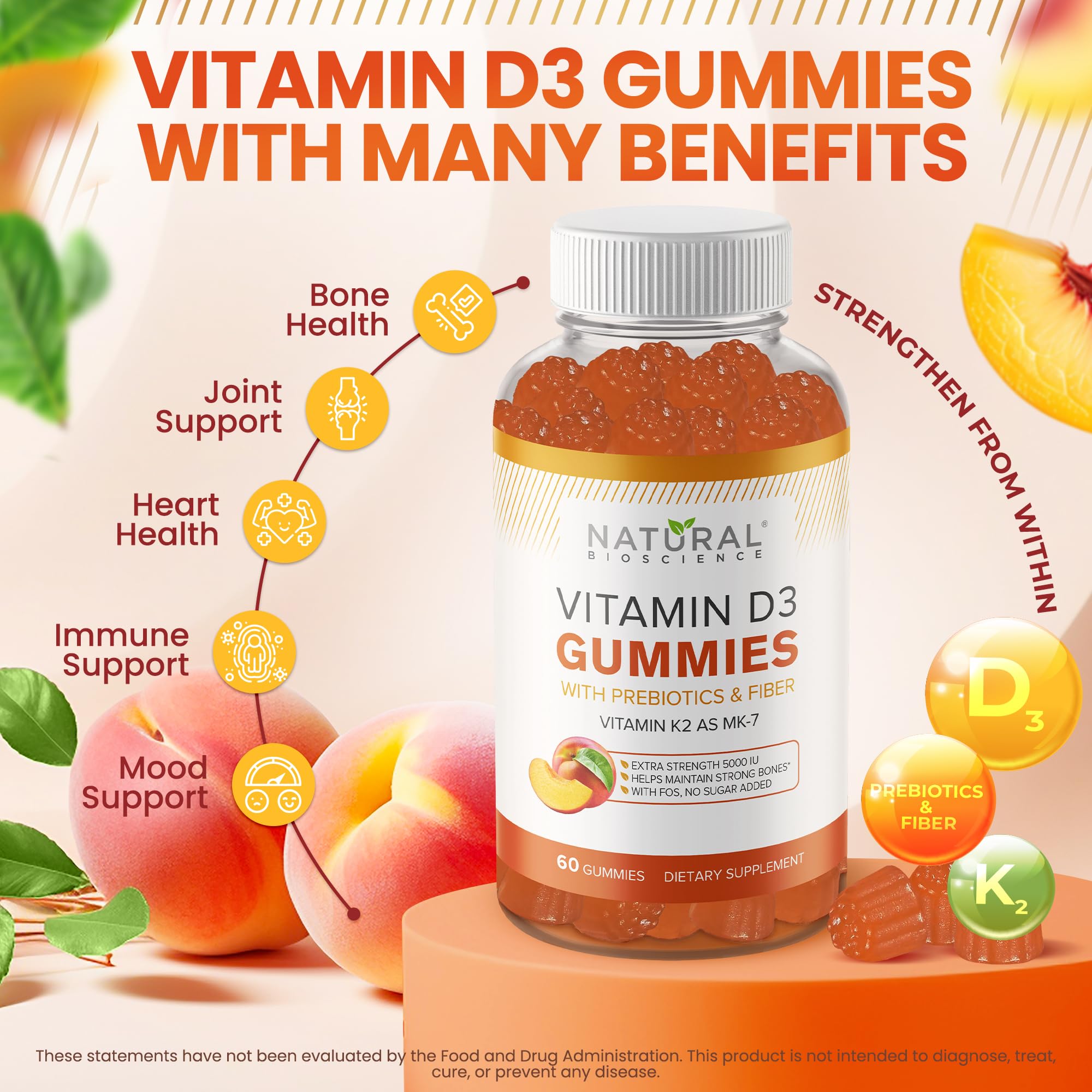 Close-up of peach-flavored Vitamin D3 K2 Gummies