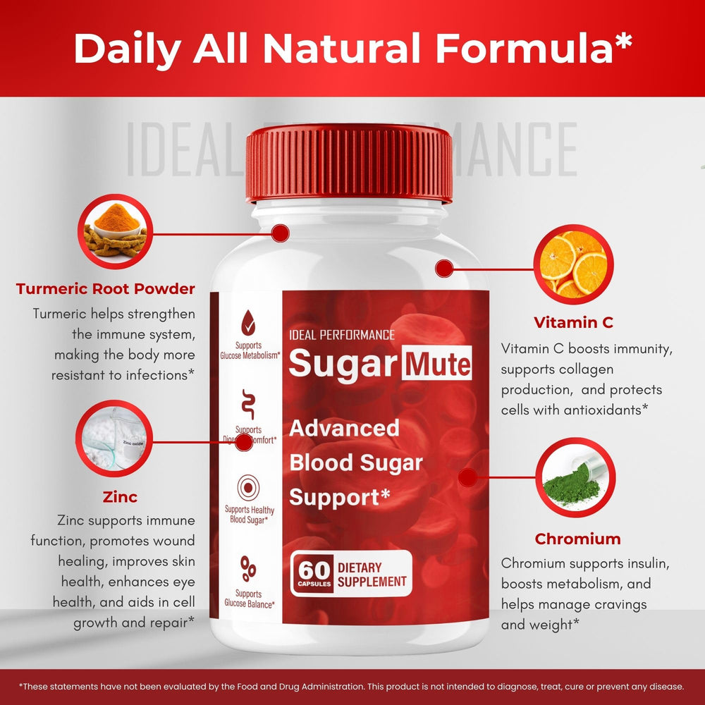 Health supplement bottle showing SugarMute branding