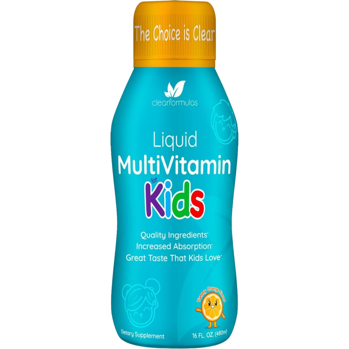 Sugar-free kids liquid multivitamin orange flavor bottle label
