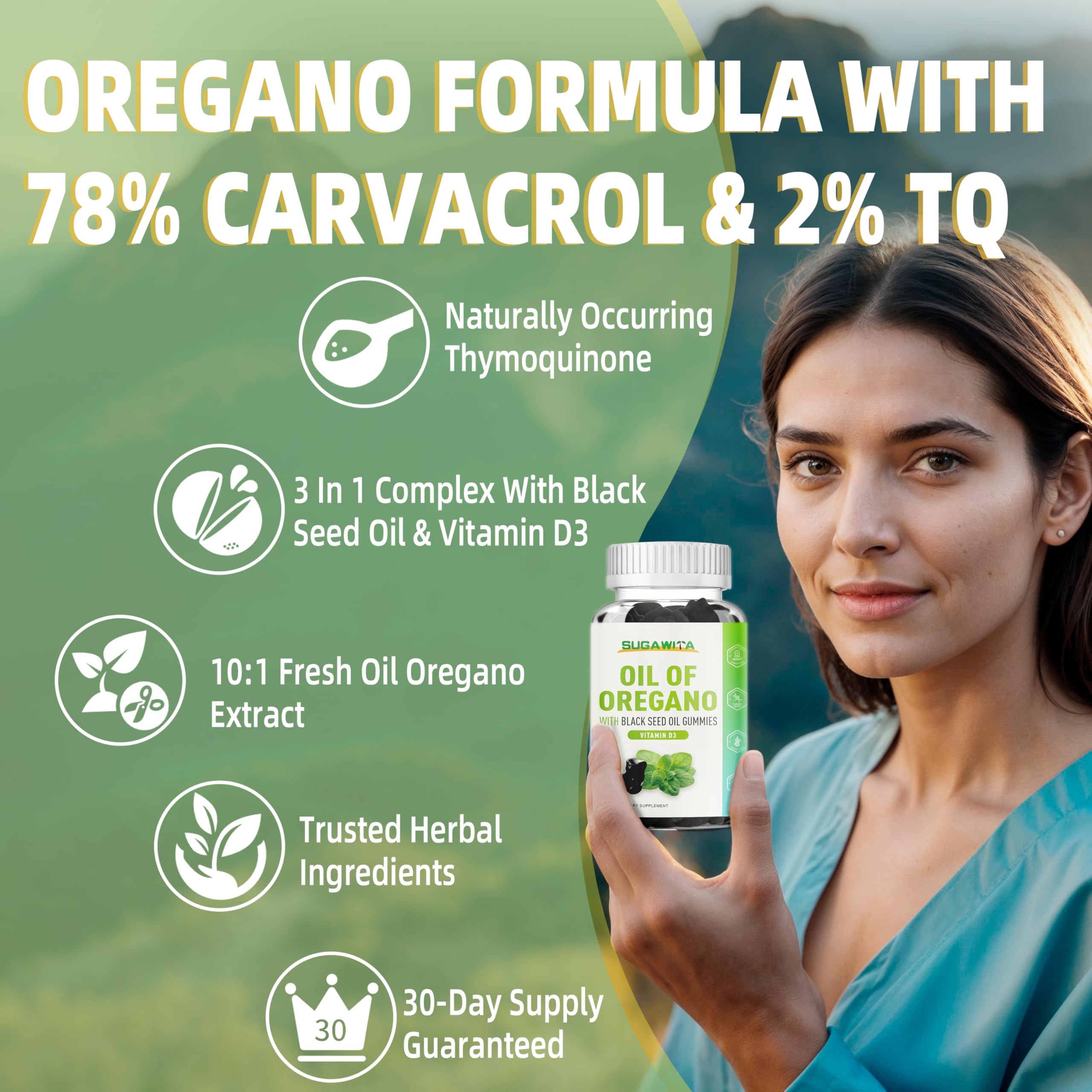 Product label highlighting 500 mg oregano oil per serving